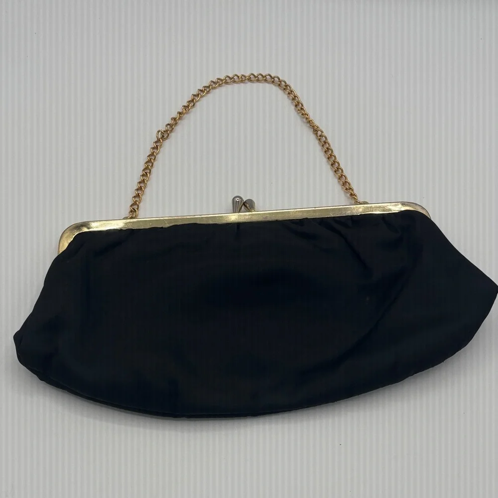Vintage Elegant Black Evening Clutch Gold Chain w/ Floral Rhinestones on Frame